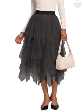 A-Line Mesh Tutu Skirt Fluffy Layered Tulle Midi Long Skirt Elastic Waist